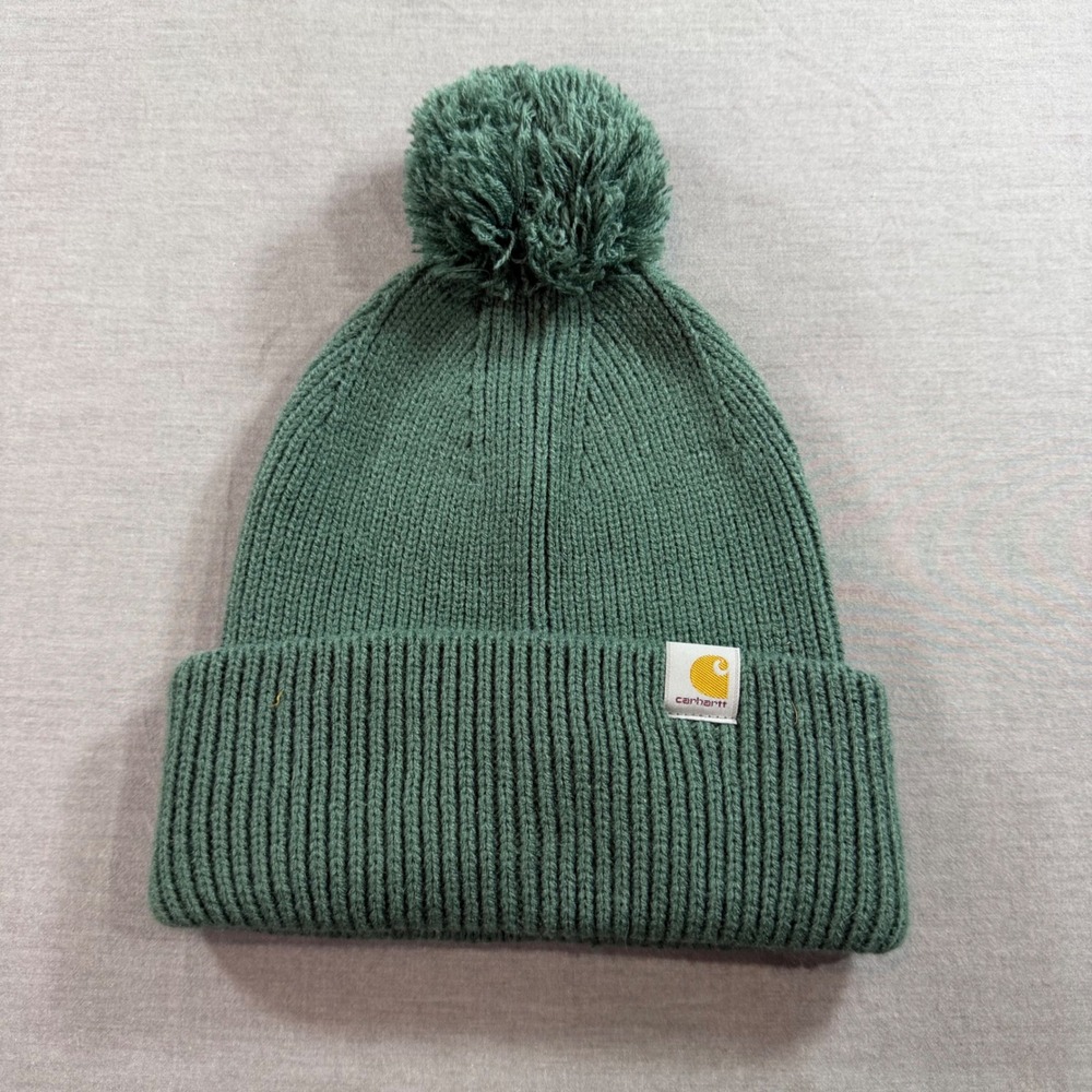Carhartt Pom Beanie Hat Unisex OS Green Excellent Ribbed Knit Logo Patch